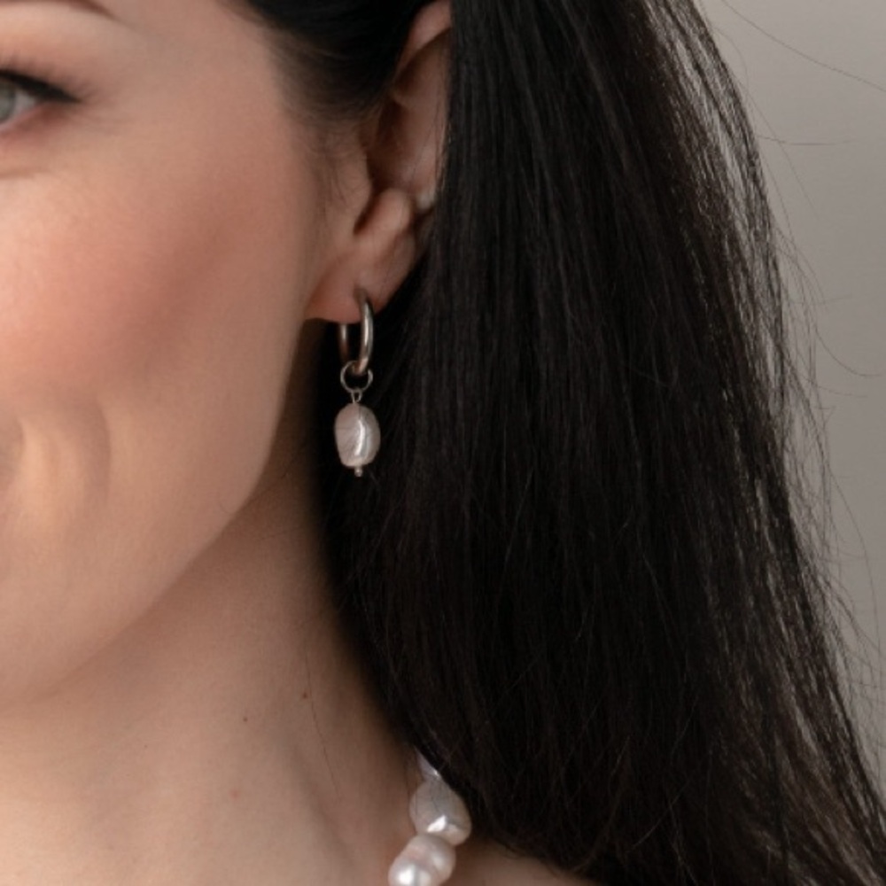 Real Freshwater Pearl Charm Hoop Earrings